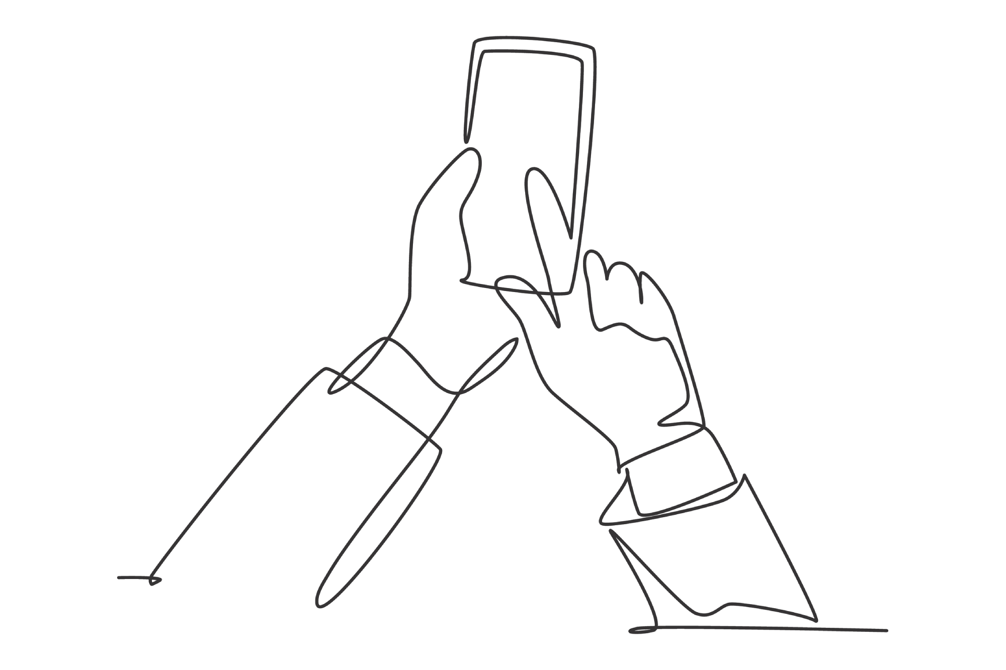 One continuous line drawing of gesture hands holding and touch the screen of smartphone to finish transaction on online shop.